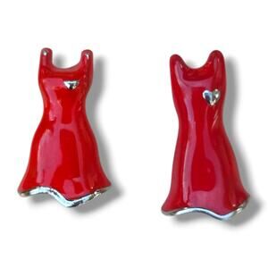 Red Dress Enamel Pin Set Heart Accent Silver Tone Mini Dress Brooch Duo